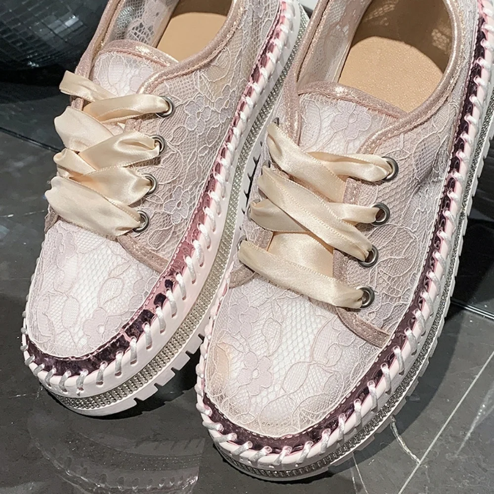 Lace Mesh Rhinestone Platform Sneakers Satin Ribbon Laces Retro Y2K Bling Shoes